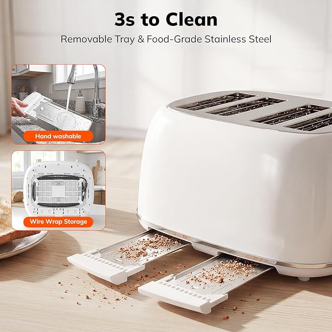 Keenstone Toaster 4 Slice, Retro Stainless Steel Wide Slot Toaster with Dual Independent Controls, 6 Browning Levels, Bagel, Defrost, Reheat & Cancel, Removable Crumb Tray, White