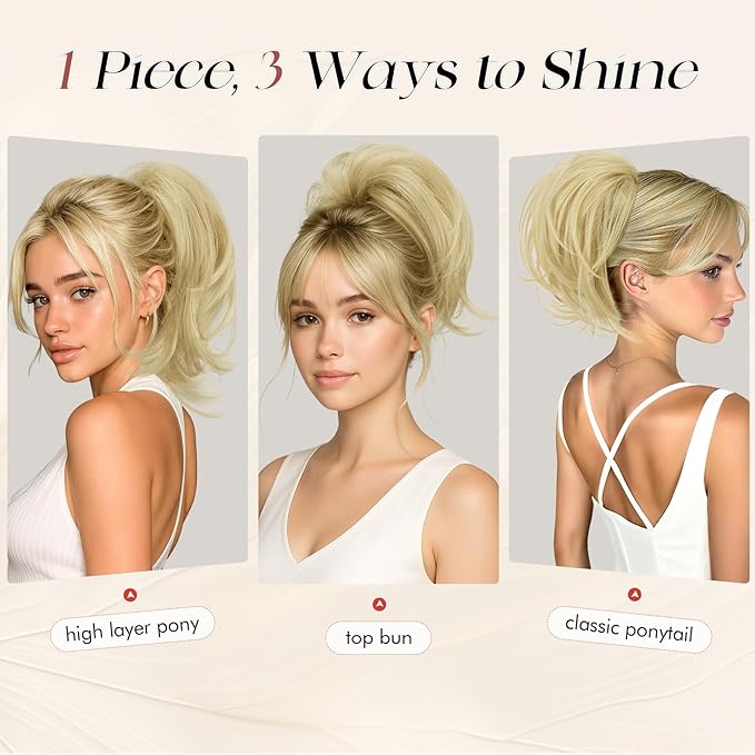 SOFEIYAN Claw Clip Short Ponytail Extension DIY Bendable Wires Hair Bun Fluffy Fake Hair Piece Straight Synthetic Hair Ponytail Extensions for Wonen - Ash Blonde & Golden Highlights