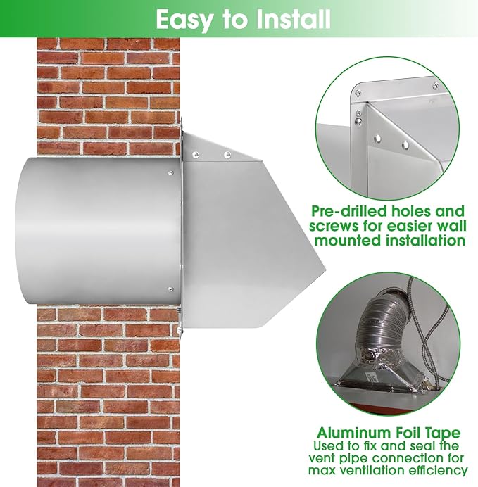 6 Inch Wall Vent Cover,Exterior Wall Vent Hood with Screen and Damper Exhaust Dryer Vent Cover Outside,External Extractor Wall Exhaust Vent Cap for Range Hood Kitchen Outdoor Air Vent,Stainless Steel