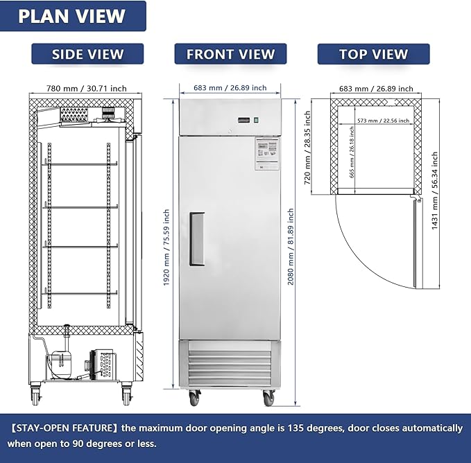 27”W Commercial Freezer Reach-in 18.68 Cu.Ft Single Solid Door, Stainless Steel Interior and Exterior Construction, Commercial Freezer Upright Fan Cooling Freezer for Restuarant, Bar, Shop and etc
