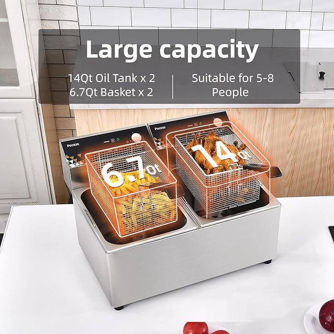 Deep Fryer with Basket, 3400w 14Qt Oil Tank/ 6.7Qt Basket x 2, 0.6mm Thickened Stainless Steel Countertop Electric Fryer for Home and Commercial Use, Oil Fryer with Double Overheat Protection