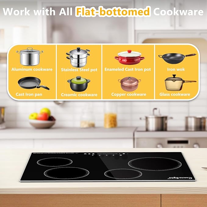 30 Inch Built-In Radiant Electric Cooktop, 4 Burner Smoothtop Stove Top with Expandable Dual Zone, 7200W 240V Hardwired Touch Control, 9 Power Levels, Timer, Child Lock & Hot Surface Indicator