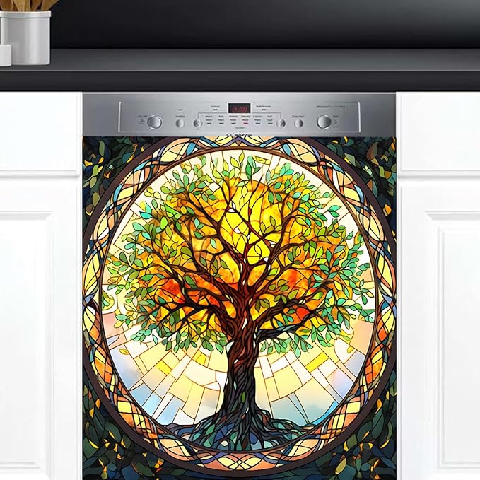 Tree of Life Spring Dishwasher Magnet Cover Rainbow Tree of Life Glass Dishwasher Decorative Cover Front Dishwasher Door Cover Reuseable Dishwasher Cover for Kitchen Home Appliances 23" X 26"