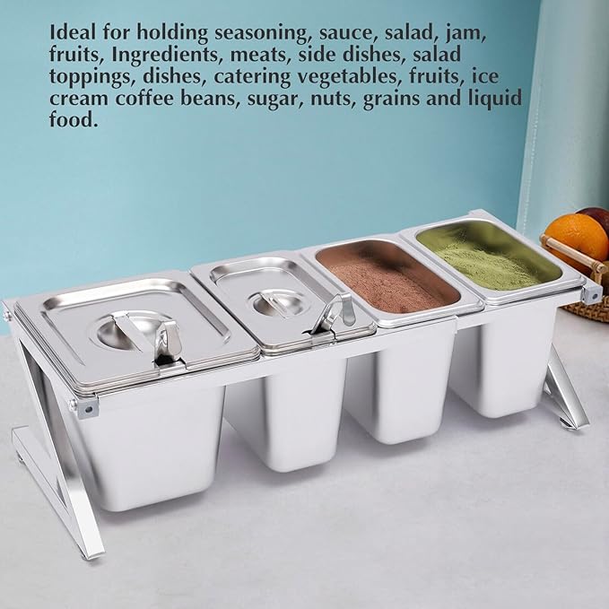 Pizza Topping Station with 4 Pans& Lids, Stainless Steel Food Container Pans Condiment Dispenser Countertop Spice Rack Organizer Shelf Holder for Seasoning Sauce Salad Jam Fruits Ingredients