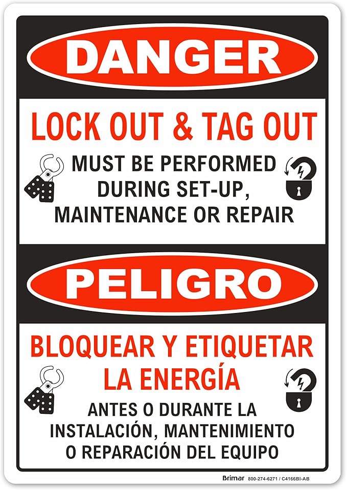 Brimar - 7 x 10" - Bilingual Danger Lock Out & Tag Out Sign - 3.5 Mil InfiniStick™ Vinyl Label - Clear Text And Symbol - Easy Installation