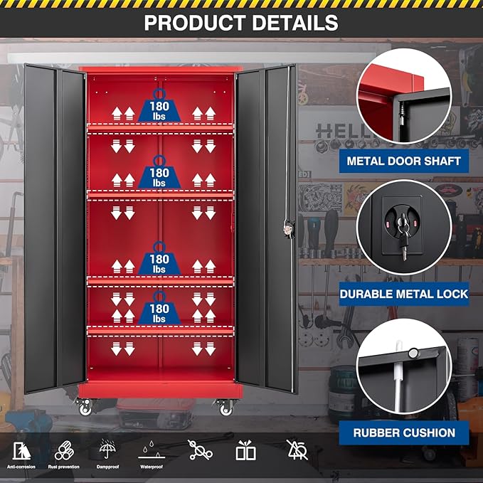 Metal Rolling Storage Cabinet-74.6” Tall Steel File Cabinets with Wheels Lockable Doors and Adjustable Shelves-Black & Red Steel Storage Cabinet for Home, School, Office, Garage