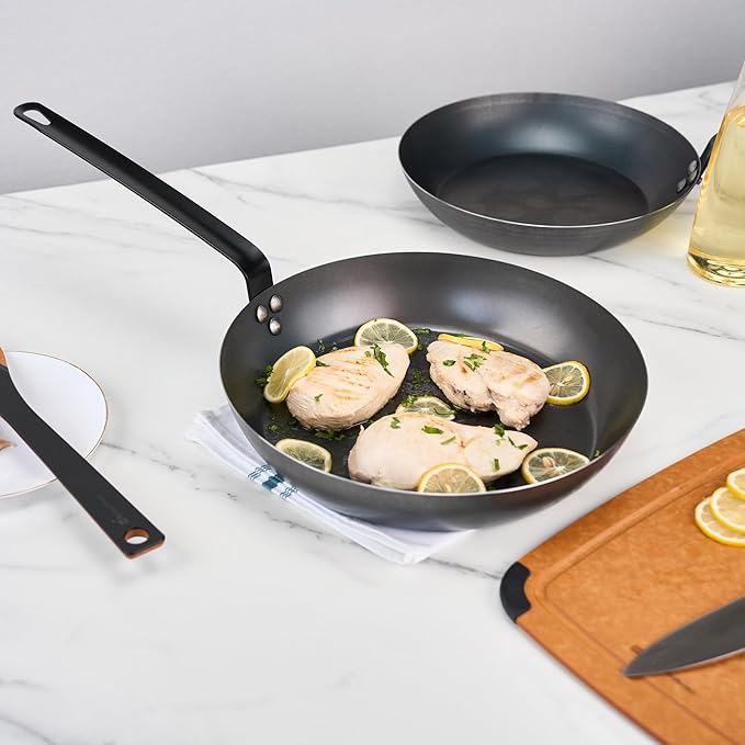 Restaurantware-Met Lux 13 Inch Fry Pans, 6 Lightweight Frying Pans - Induction-Ready, Triple-Riveted, Black Carbon Steel Cooking Skillets, Durable, For Searing, Sauteing, And Browning Food