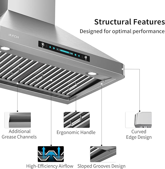 IKTCH Wall Mounted Range Hood 30 inch, 900 CFM Ducted/Ductless Stainless Steel Range Hood with Gesture Sensing & Touch Control IKP02R-30