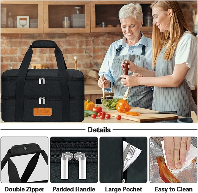 LHZK Double Insulated Casserole Carrier, Expandable Casserole Carriers for Hot or Cold Food, Insulated Food Carrier for Travel, Parties, Picnic, Fits 11 x 15 or 9 x 13 Baking Dish (Black)