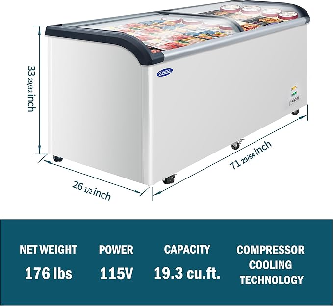 Commercial Ice cream Display Freezer: 19.3 Cu.FT Chest Freezer with Curved Glass Top, -9.4℉ to 5℉, LED Light, Large Capacity for Convenience Store, Supermarket, Restaurant
