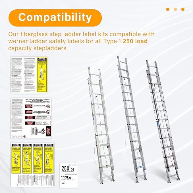 8 Pcs 250 LB Step Ladder Safety Labels Kits Compatible with Werner Ladder Safety Labels for All Type 1 250 Load Capacity Stepladders, Fiberglass Ladder Weight Stickers