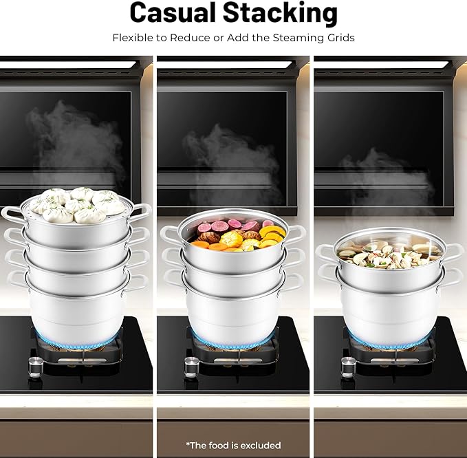 5-Tier Steamer Pot for Cooking, D12.8in Stainless Steel Steamer Cookware with Handles Glass Lid & Strainer Baskets for Food Dumpling Fish Vegetable Seafood