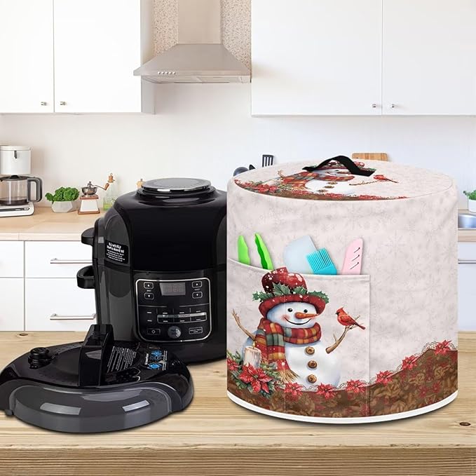 6 Quart Pressure Cooker Dust Cover with Top Handle and Storage Pocket Home Kitchen Decor Air Fryer Rice Cooker Stain-Resistant Cover Christmas Cute Snowman Print