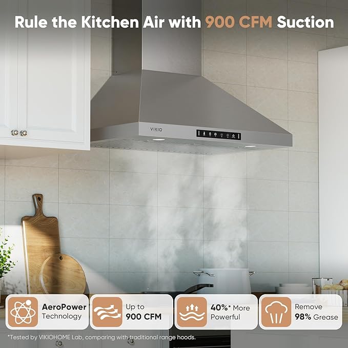 Wall Mount 30 Inch Range Hood 900 CFM,3-speed Gesture Sensing & Touch Control, Ductless/Ducted Convertible Kitchen Hood, Stainless Steel Kitchen Vent Hood with Permanent Baffle Filters