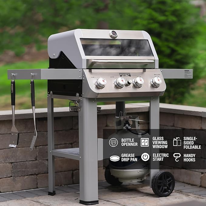 Monument Grills 4-Burner Liquid Propane Gas Grill, Silver Stainless Steel Grill Patio Garden Barbecue Grill with Clearview® Lid and One Foldable Shelf, Mesa400MF with BBQ Cover