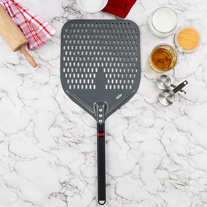TKC 14" Aluminium Pizza Peel - Durable, Perforated Design for Easy Dough Transfer, Heat-Resistant Handle, Compatible with all Pizza Ovens - Indoor/Outdoor - Lightweight, Non-Stick (Black)