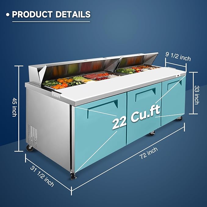 72"W Commercial Sandwich Prep Table Refrigerator - Stainless Steel Door with 18 Pans, 22 Cu.Ft Capacity, Auto Defrost, Digital Temperature Control for Restaurants, Delis, Catering & Convenience Stores