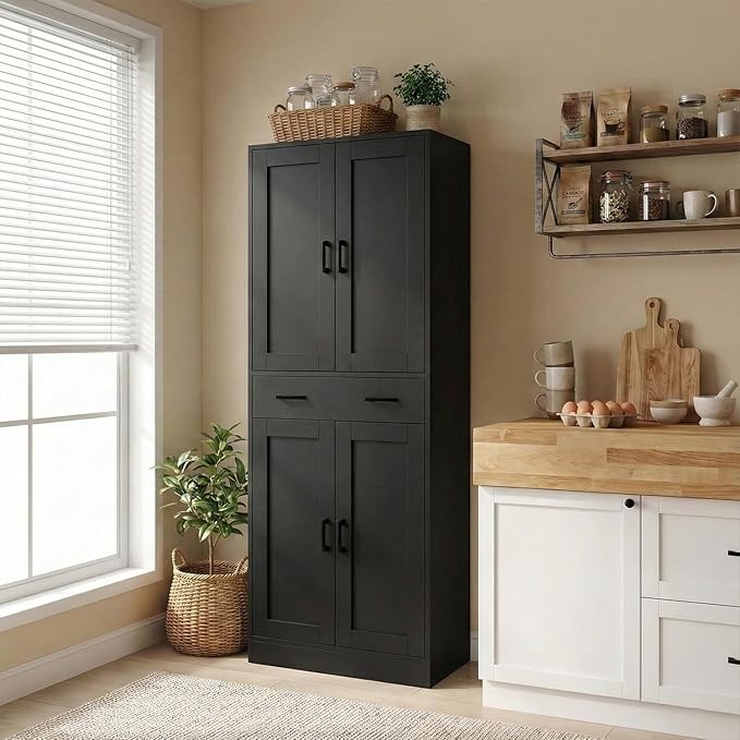 71" Tall Kitchen Pantry Cabinet, Freestanding Storage Cabinet with Drawer and 4 Doors, Large Black Utility Floor Cupboard with Adjustable Shelves for Dining Room, Bathroom, Home Office