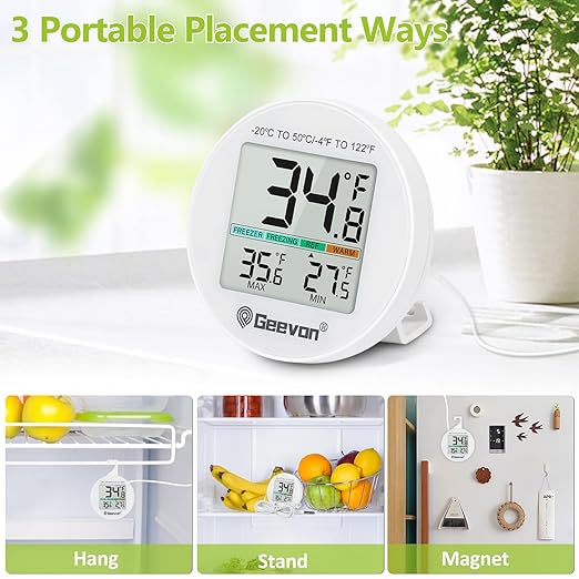 Geevon Refrigerator Thermometer IP65 Waterproof, with External Sensor, Fridge Temperature Monitor for Home Commercial, with LCD Screen, Stand and Magnetic Back, for Refrigerator, Freezer Scenes