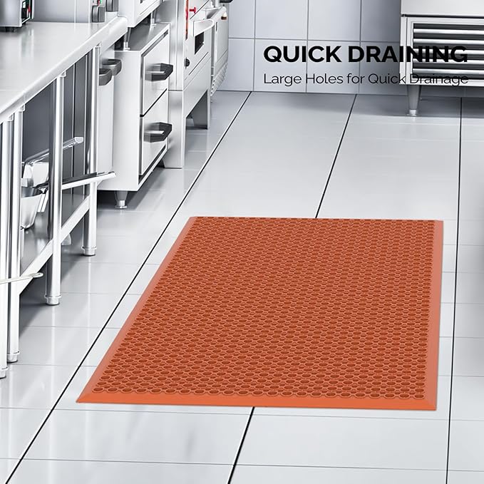 ROVSUN Rubber Floor Mat with Holes, Anti-Fatigue/Non-Slip Drainage Mat, for Industrial Kitchen Restaurant Bar Bathroom Utility Garage Pool Entry Door Mat, Indoor (36'' x 60'' Red 2Pcs)