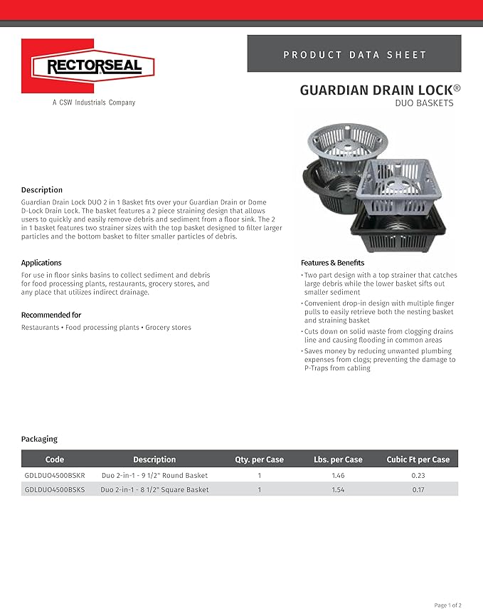 RectorSeal Guardian Drain Lock GDLDUO4500BSKR Duo 2-in-1 Basket Round Commercial Floor Sink Strainer, 9.5 Inch
