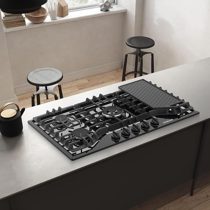 GASLAND Gas Cooktop 36 Inch with Griddle, PRO GH3365EF 5 Burner Propane Stovetop with Reversible Cast Iron Grill/Griddle, Gas Countertop Plug-in, NG/LPG Convertible Cooktops, Black