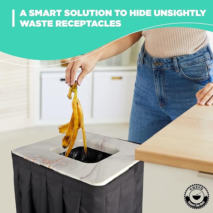 Marble Design Square Garbage Can Cover - Solid Pleated Skirt Topper for 32-35 Gallon Indoor Trash Bins - Black Skirt