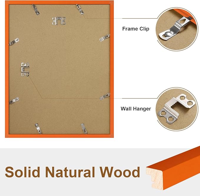 Vittanly 11x14 Picture Frame, Solid Wood Frame with Plexiglass, Includes 8x10 Mat, Wall Hanging for Photos, Home Decor, Orange, 1 Pack