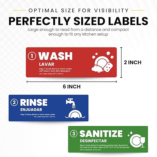 [Enhanced] Wash Rinse Sanitize Sink Labels | 3 Compartment Sink Stickers | Training Labels for Dishwashing | Food Service, Restaurant, Commercial Kitchen (1 Set: 6 x 2 in)
