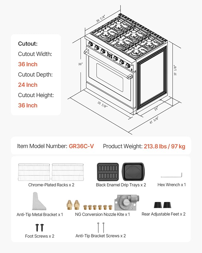 VEVOR Gas Range Oven, 36 Inches Width, Freestanding Stainless Steel Stove and Oven with 6 Sealed Cooktop Burners, Easy Reach Racks, Halogen Light, 6.0 Cu. Ft. Capacity, for Home Apartment Kitchen