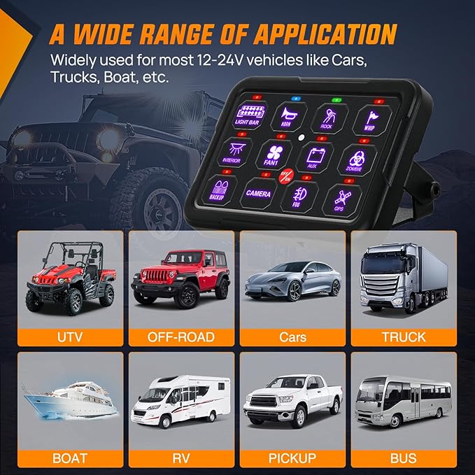 Nilight 12 Gang Switch Panel 12V 24V Universal Circuit Control Relay System with RGB Backlight Fuse Relay Wiring Harness Automatic Dimmable ON Off LED Switch Pod for Car Pickup Truck Camper SUV