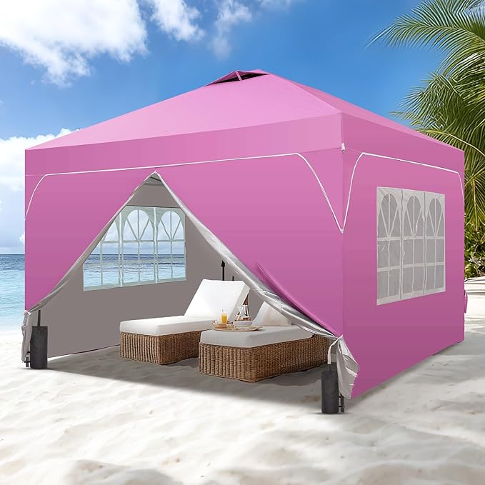 Saemoza 12x12 Pop Up Canopy Tent with One Push Setup, Outdoor Sun Shade Canopy with Vent Top for Backyard Party, Easy Up Instant Shelter with 4-Sandbags & Wheel Bag, Pink.