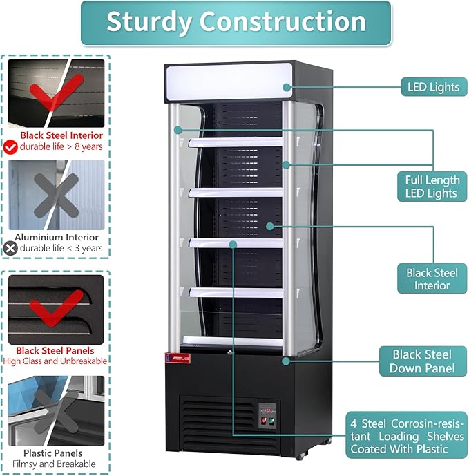 WESTLAKE Open Air Merchandiser Commercial Refrigerator with Night Curtain 16.6 Cu.ft 27.5” W 28.3" D Upright Fan Cooling Display Cooler for Stores, Supermarkets, Bar, Shops, etc