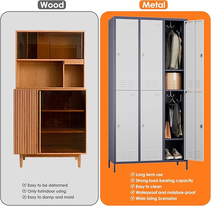 METAN Metal Locker for School Office Gym Bedroom,6 Doors Steel Storage Lockers Cabinet for Employees,Industrial Storage with 1 Shelf,Assembly Required,Gray White
