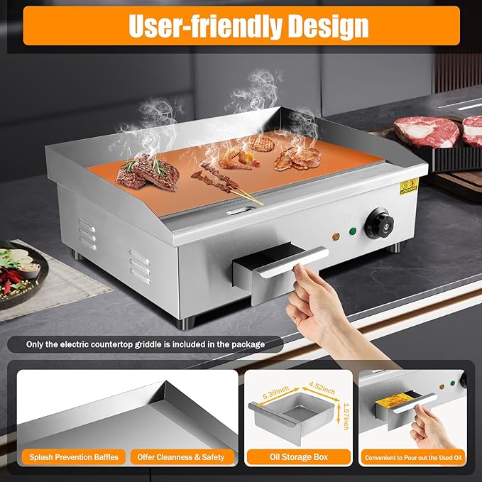 Electric Countertop Griddle, 21x12 Inch Commercial Flat Top Grill with 0.31 Inch Cast Iron Plate, 3000W 110V, Temperature Control for Restaurant, Food Truck, Snack Bar and Home Kitchen