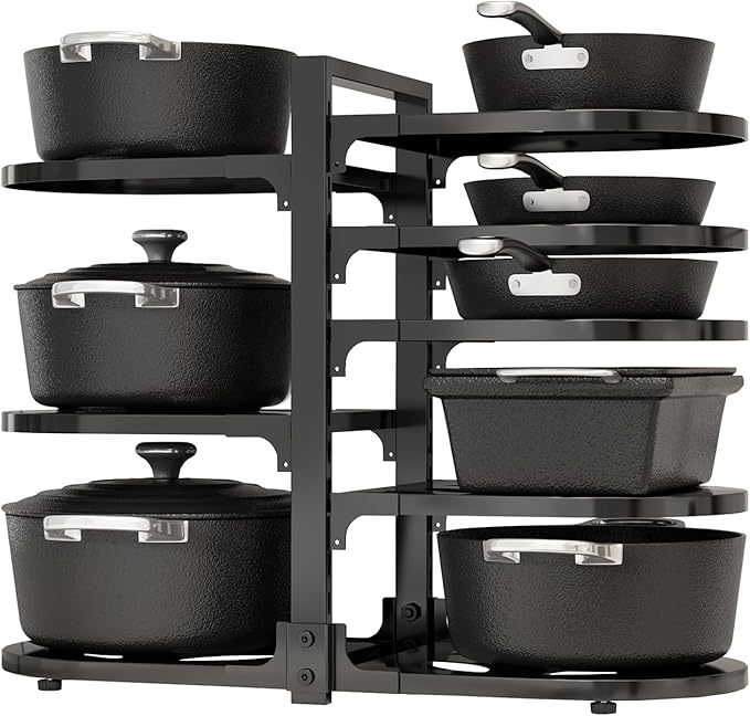 Adjustable Heavy Duty Pots and Pans Organizer Under Cabinet, 8-Tier Pot and Pan Organizers Inside Cabinet, Kitchen Cabinet Organizers and Storage, Black