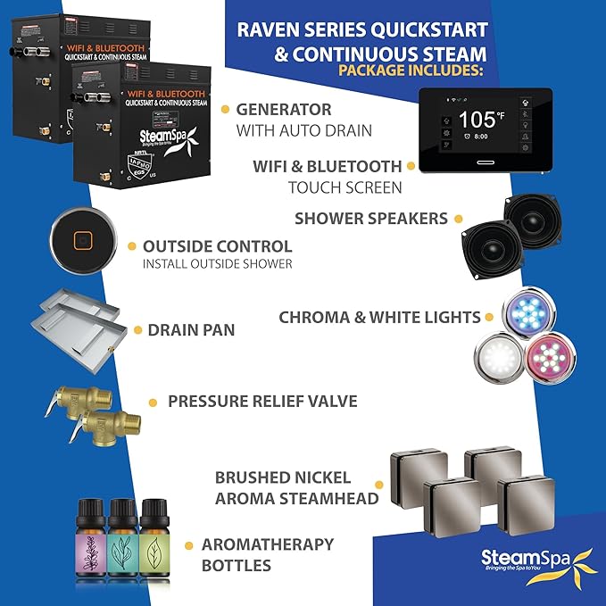 SteamSpa Steam System 21kW Steam Shower Generator with Bluetooth Wifi, Quickstart Continous Steam, Advanced Touch Pad Screen, Chroma Lights, Drain Pan and Auto Drain Brushed Nickel RVBS2100BN-A
