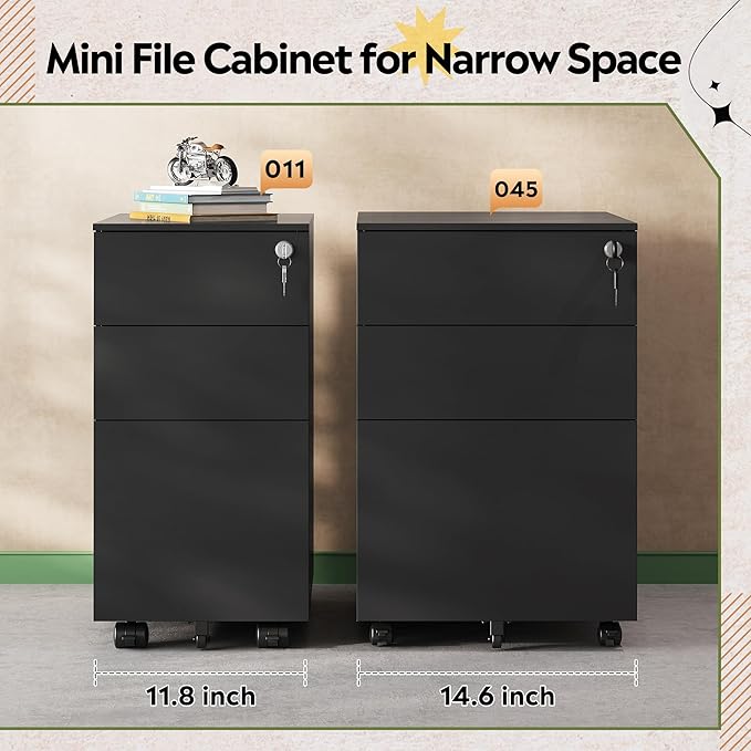DEVAISE 3 Drawer File Cabinet with Lock, Under Desk Metal Filing Cabinets with Wheels for Home Office Fit Legal/Letter/A4 File, Assembled Except Casters,Black