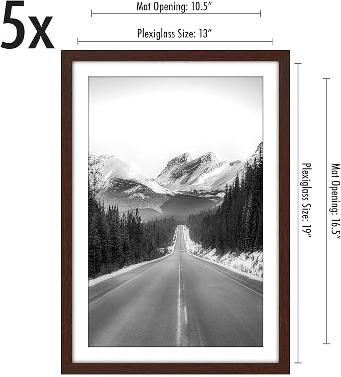 Americanflat 13x19 Picture Frame with Polished Plexiglass - Set of 5 - Use as 11x17 Frame with Mat or Display 13x19 Photo Without Mat - Galleria Collection - Picture Frames for Wall Display - Mahogany