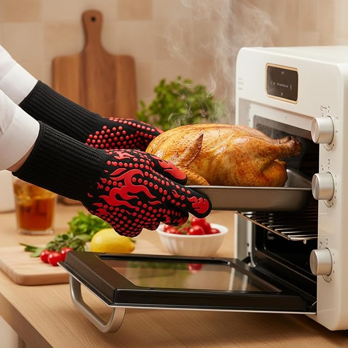 BBQ Gloves, Heat Protection Grilling Gloves Kitchen Gloves Up to 1472°F+ Meat Thermometer Probe Auto-Off for Barbecue,Grill,Cooking, Baking, Cutting