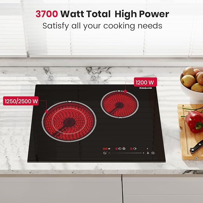 GASLAND 21 Inch Electric Cooktop for Apartment, ETL Certificated 2 Burners, 3700W Built-in Radiant Stove Top With 16 Power Levels, 240V Ceramic Stovetop, Slide Touch Control
