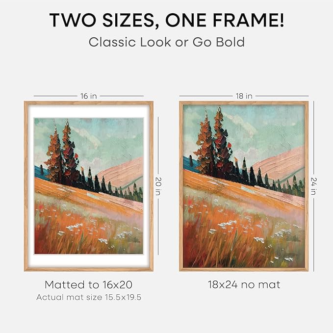Homeforia 18x24 Poster Frame Wood, High End Natural Oak 18x24 Light Wooden Picture Frame with Mat 16x20, 18 by 24 Frames Matted to 16 x 20 Photo, 24by18 Thin Frames, Tempered Glass, Wall Kit, Set of 3
