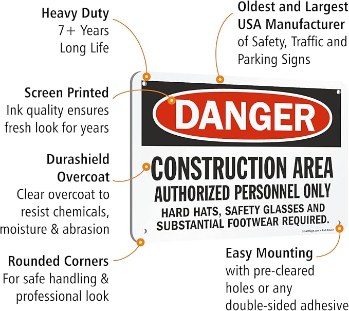 SmartSign "Danger - Construction Area, Authorized Personnel Only" Sign | 7" x 10" Aluminum
