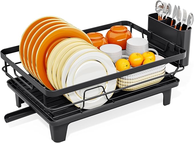 TOOLF Space-Saving Dish Drying Rack, Multifunctional Dish Rack for Kitchen Counter,Sink Dish Drainer Rack, Dishes Strainer with Drain Board & Cutlery Holder, Compact Dryer Rack,Black