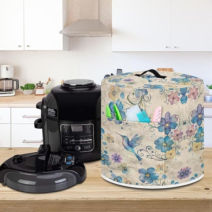 Xoenoiee Blue Hummingbird Floral Print Pressure Cooker Cover for Instant Pot, Kitchen Appliance Dust Cover with Pockets for Rice Cooker Air Fryer Slow Cooker, for 8 Qt Pot