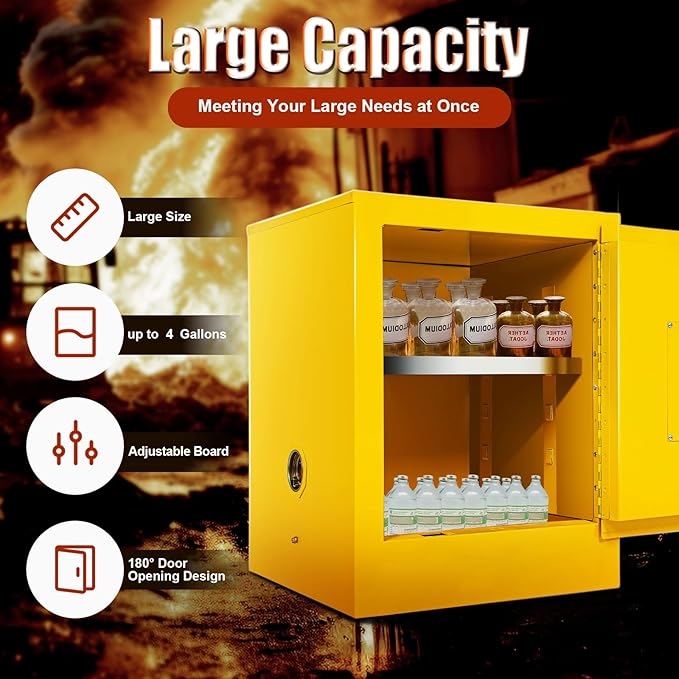 Safety Storage Cabinet, Single Door Leak-Proof Cabinet with Locks, Manual Close Welded Storage for Flammable Liquid Commercial Industrial and Home Use, Yellow