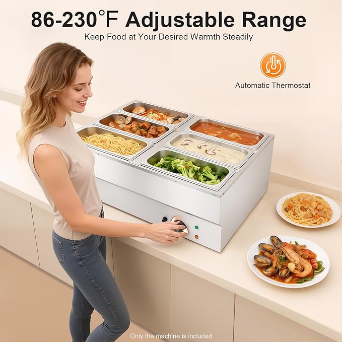 6-Pan Commercial Food Warmer 6.7L/1.77Gal Countertop Electric Steam Table 1500W Electric Food Warmer 86-230℉ Temp Control for Catering and Restaurant 26.97 x 21.26 x 11.22in