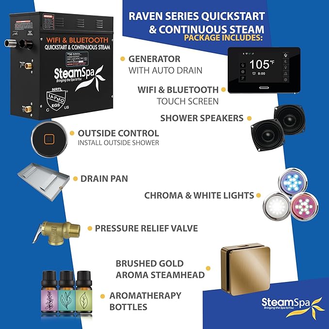 SteamSpa Steam System 9kW Steam Shower Generator with Bluetooth Wifi, Quickstart Continous Steam, Advanced Touch Pad Screen, Chroma Lights, Drain Pan and Auto Drain Gold RVBS900GD-A