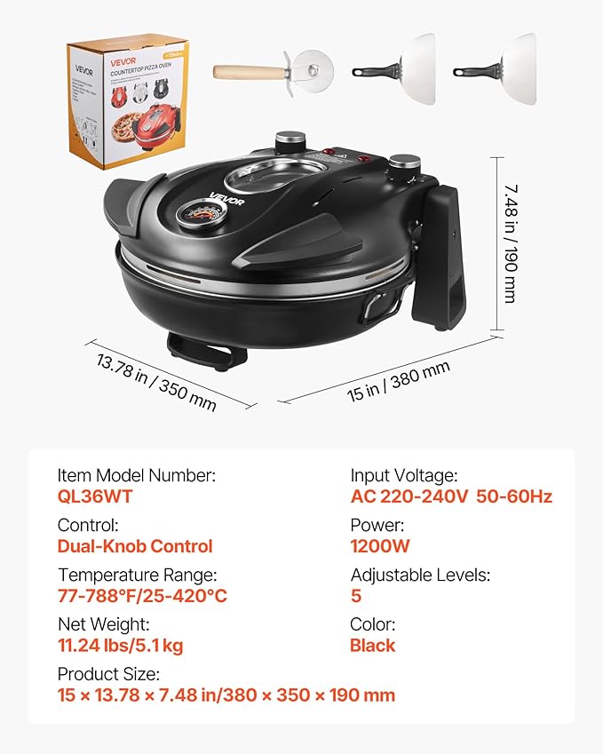VEVOR Indoor Pizza Oven, 12-Inch Electric Pizza Maker, 788°F Countertop Cooker with 5 Modes, 1200W Dual Temp Controls, Thermometer & Viewing Window, Compact Home Baker Pan for Crispy Pizza, Black