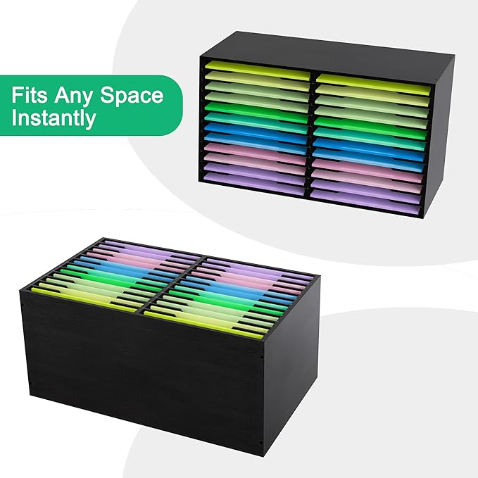 EasyPAG Scrapbook Paper Storage Organizer for Craft Room, 12x12 Paper Storage Desk Shelf, 24 Slot Adjustable File Sorter for Office School Classroom, Black